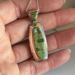 Vintage Signed Zuni Sterling Silver Green Turquoise Inlay Necklace